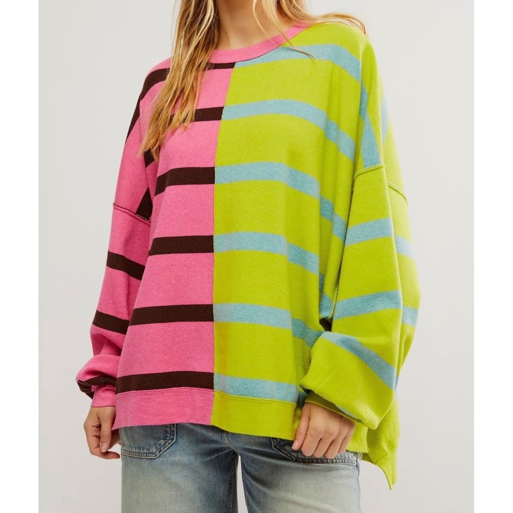 Free People Aurora Lime Combo Striped Oversized Sweatshirt OB1333289 Pink GreenM